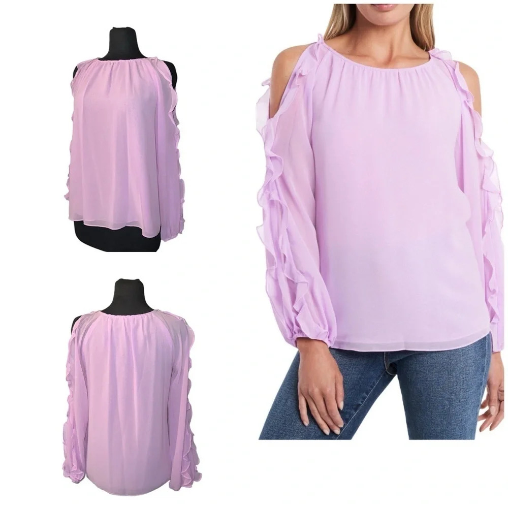 1. STATE Womens Pink Ruffled Cold Shoulder Long Sleeve Round Neck Party …